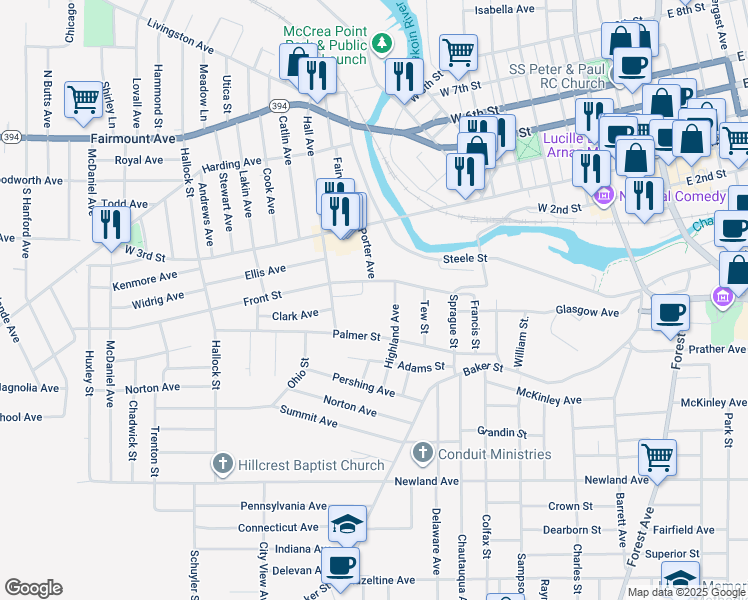 map of restaurants, bars, coffee shops, grocery stores, and more near 301 Front Street in Jamestown