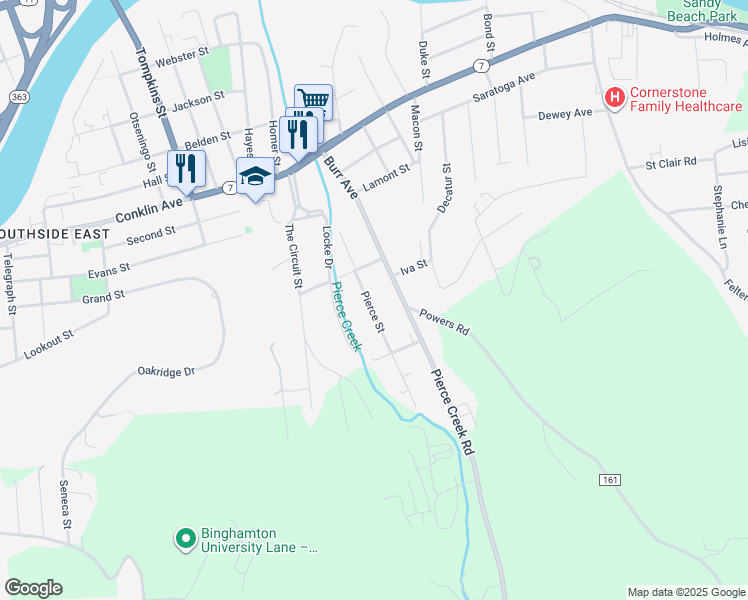 map of restaurants, bars, coffee shops, grocery stores, and more near 17 Pierce Street in Binghamton