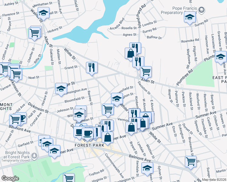 map of restaurants, bars, coffee shops, grocery stores, and more near 248 White Street in Springfield