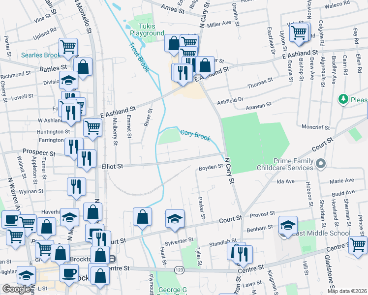 map of restaurants, bars, coffee shops, grocery stores, and more near 53 Carter Street in Brockton