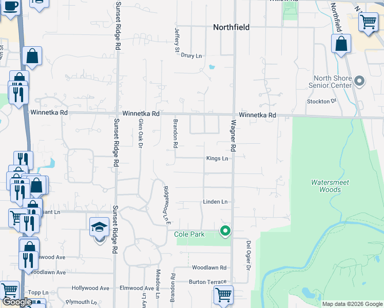 map of restaurants, bars, coffee shops, grocery stores, and more near 1027 Kings Lane in Glenview