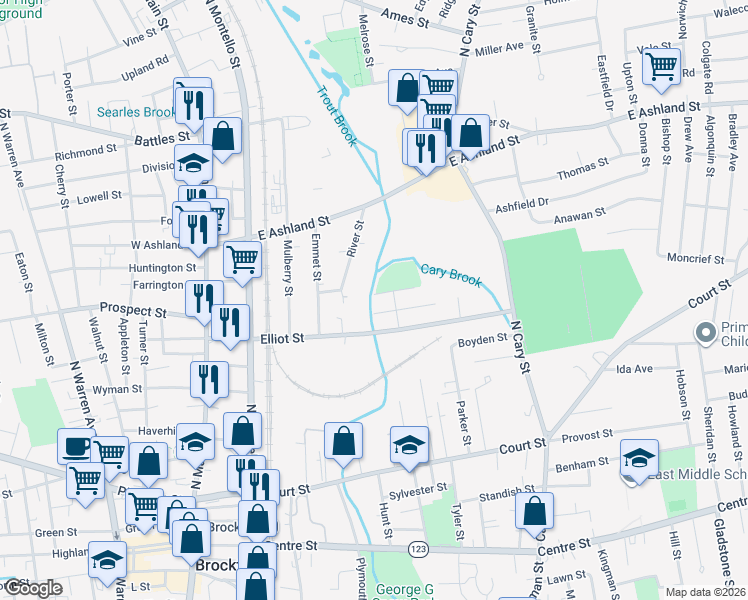 map of restaurants, bars, coffee shops, grocery stores, and more near 20 Carter Street in Brockton