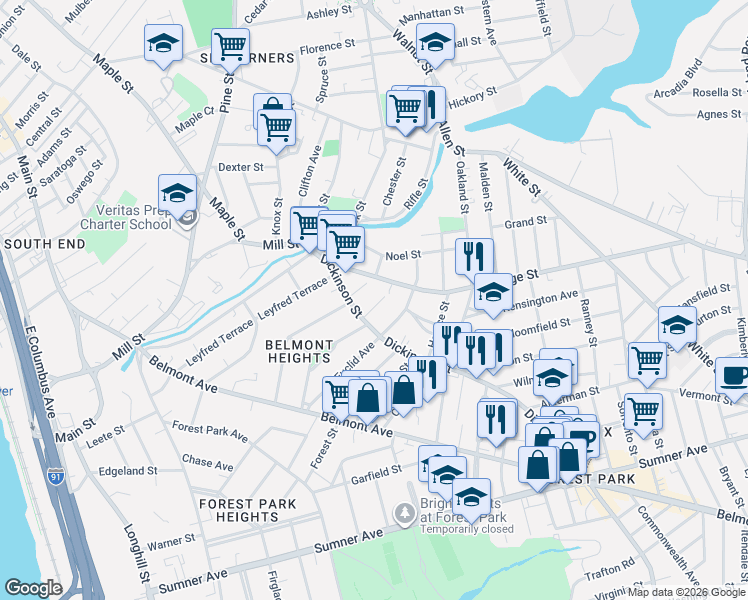 map of restaurants, bars, coffee shops, grocery stores, and more near 95 Dickinson Street in Springfield