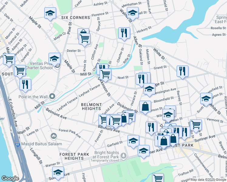 map of restaurants, bars, coffee shops, grocery stores, and more near 95 Dickinson Street in Springfield