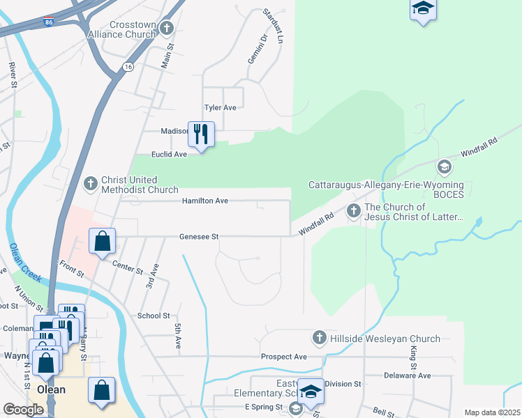 map of restaurants, bars, coffee shops, grocery stores, and more near 729 Genesee Street in Olean