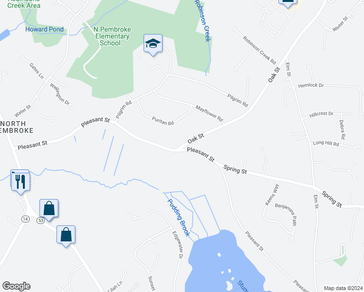 map of restaurants, bars, coffee shops, grocery stores, and more near 10 Oak Street in Pembroke