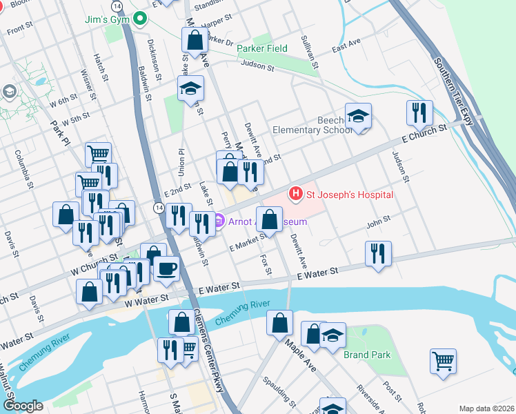 map of restaurants, bars, coffee shops, grocery stores, and more near 213 Madison Ave in Elmira