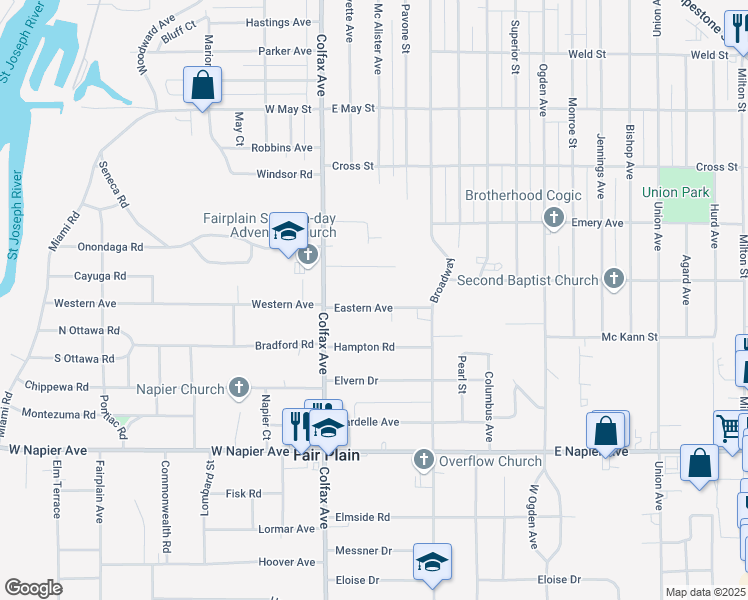 map of restaurants, bars, coffee shops, grocery stores, and more near 192 Eastern Avenue in Benton Harbor