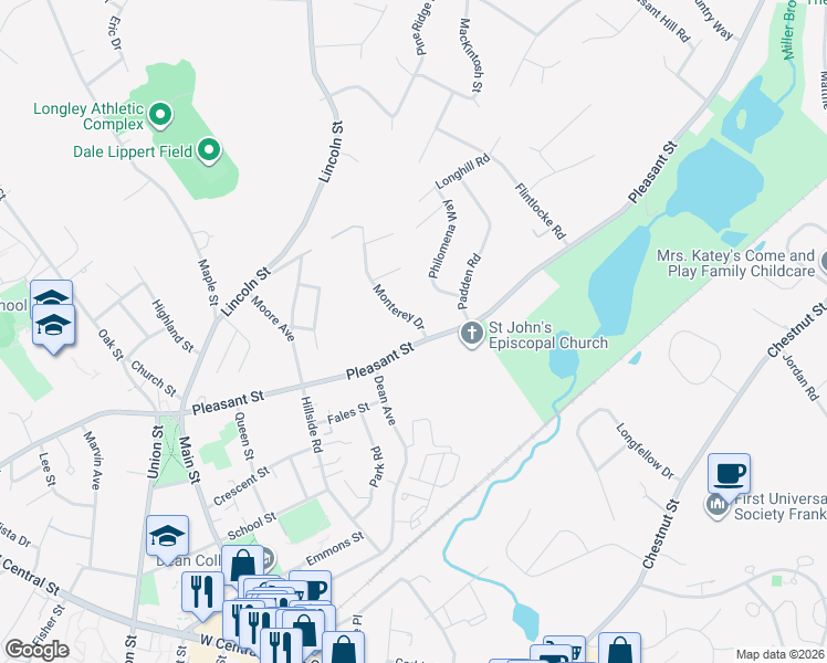 map of restaurants, bars, coffee shops, grocery stores, and more near 189 Pleasant Street in Franklin