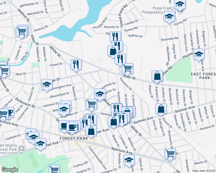 map of restaurants, bars, coffee shops, grocery stores, and more near 55 Burton Street in Springfield