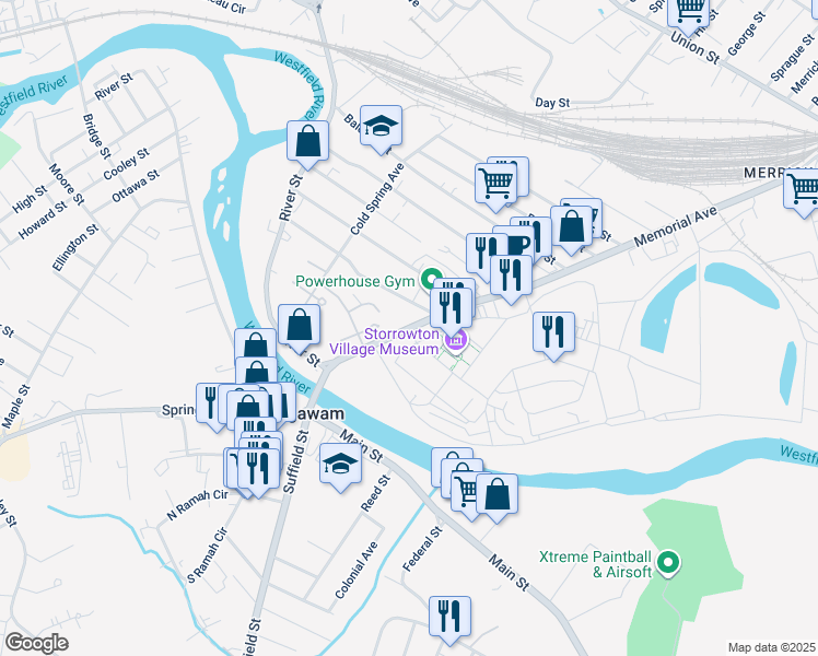 map of restaurants, bars, coffee shops, grocery stores, and more near 1539 Memorial Avenue in West Springfield