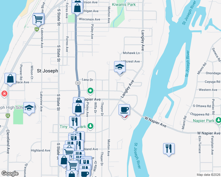 map of restaurants, bars, coffee shops, grocery stores, and more near 918 Kingsley Avenue in St. Joseph