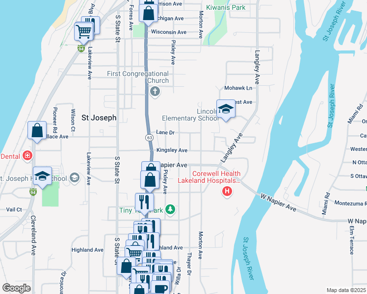 map of restaurants, bars, coffee shops, grocery stores, and more near 903 Kingsley Avenue in St. Joseph