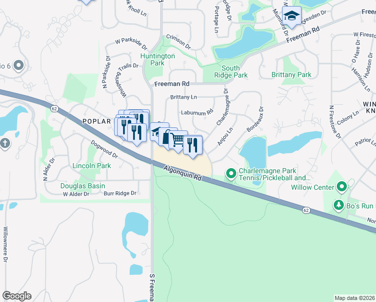 map of restaurants, bars, coffee shops, grocery stores, and more near 1606 West Algonquin Road in Hoffman Estates
