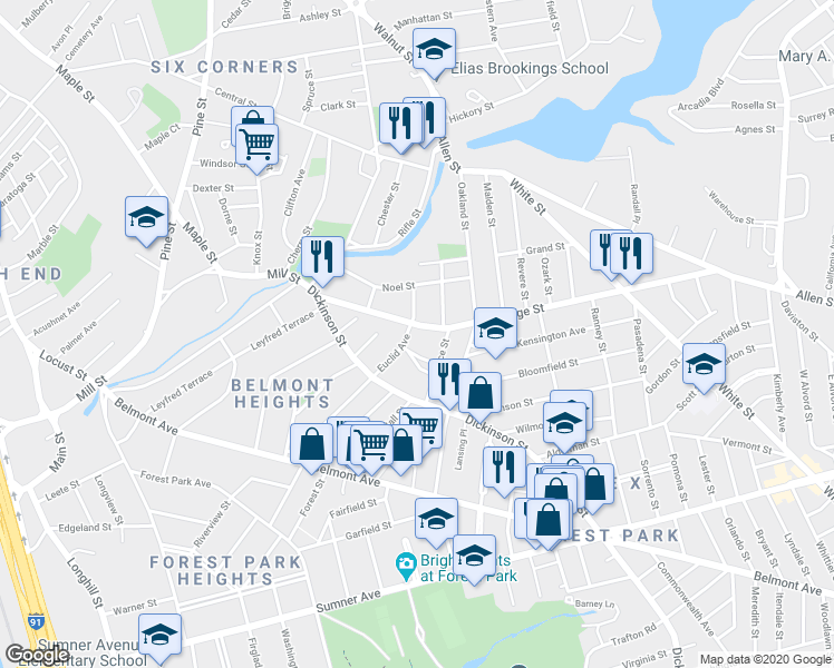 map of restaurants, bars, coffee shops, grocery stores, and more near 121-123 Orange Street in Springfield