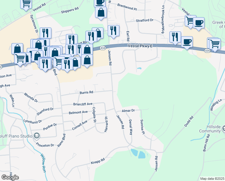 map of restaurants, bars, coffee shops, grocery stores, and more near 3299 Burris Road in Vestal