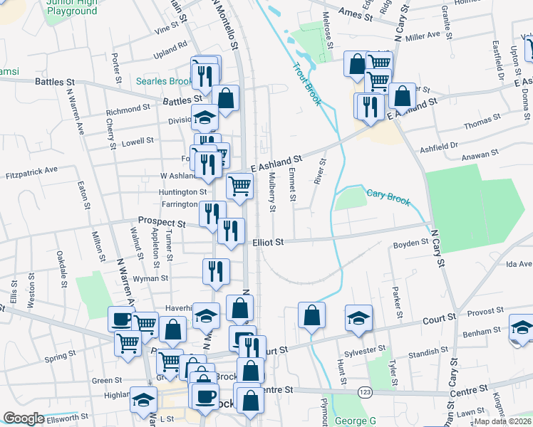 map of restaurants, bars, coffee shops, grocery stores, and more near 26 Mulberry Street in Brockton