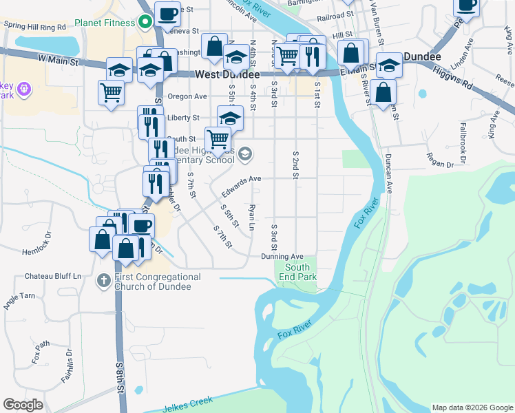 map of restaurants, bars, coffee shops, grocery stores, and more near 525 Ryan Lane in West Dundee