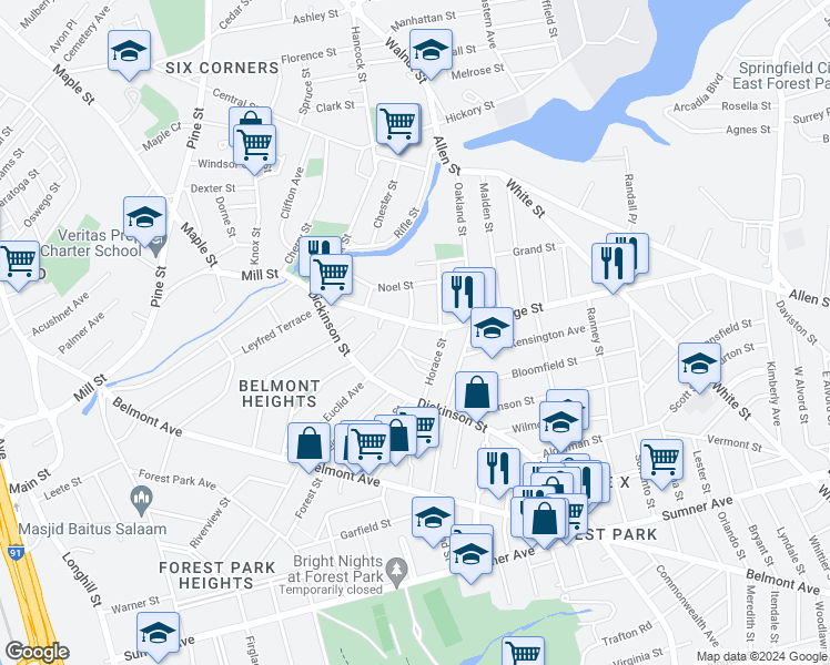 map of restaurants, bars, coffee shops, grocery stores, and more near 121 Orange Street in Springfield