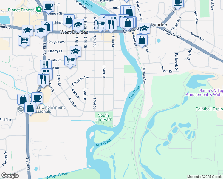 map of restaurants, bars, coffee shops, grocery stores, and more near 532 South 1st Street in West Dundee