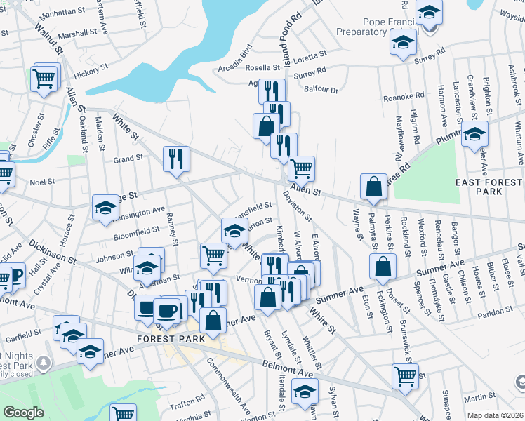 map of restaurants, bars, coffee shops, grocery stores, and more near 55 Burton Street in Springfield
