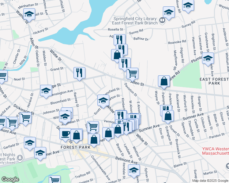 map of restaurants, bars, coffee shops, grocery stores, and more near 55 Burton Street in Springfield