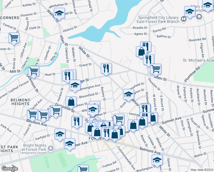 map of restaurants, bars, coffee shops, grocery stores, and more near 54-56 Pasadena Street in Springfield