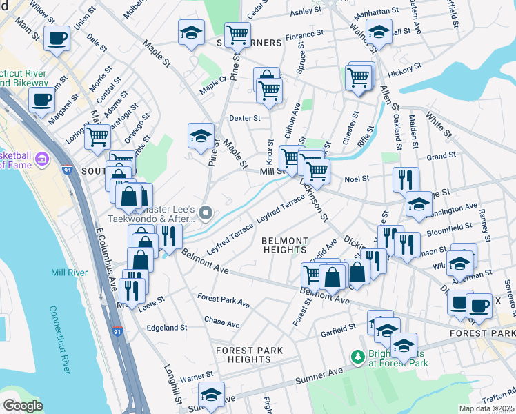 map of restaurants, bars, coffee shops, grocery stores, and more near 130 Leyfred Terrace in Springfield