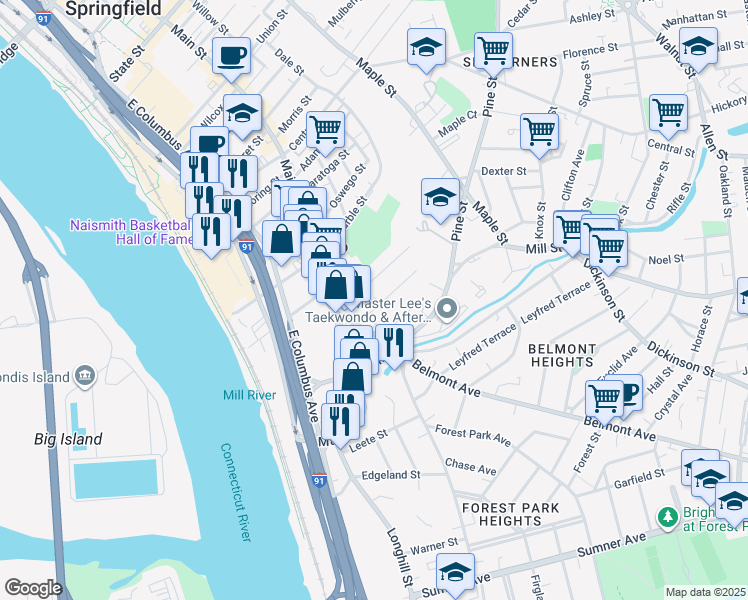 map of restaurants, bars, coffee shops, grocery stores, and more near 24 Warriner Avenue in Springfield