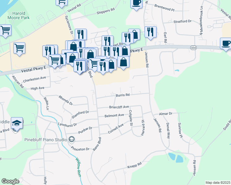 map of restaurants, bars, coffee shops, grocery stores, and more near 3120 Burris Road in Vestal