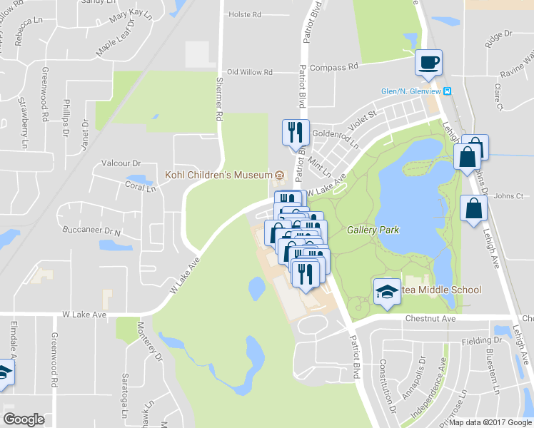 map of restaurants, bars, coffee shops, grocery stores, and more near 2049 Valor Drive in Glenview