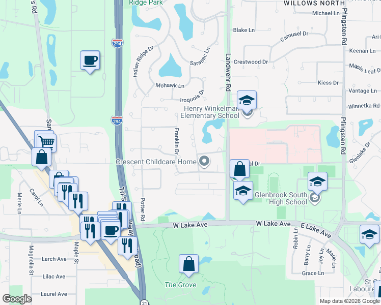 map of restaurants, bars, coffee shops, grocery stores, and more near 1919 Franklin Drive in Glenview