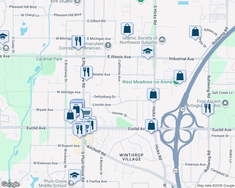 map of restaurants, bars, coffee shops, grocery stores, and more near 4477 Gettysburg Drive in Rolling Meadows
