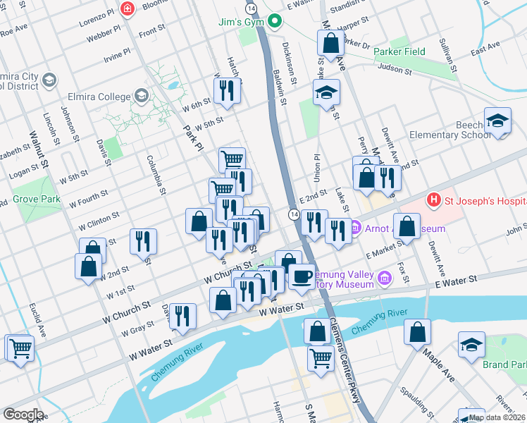 map of restaurants, bars, coffee shops, grocery stores, and more near 101 West 2nd Street in Elmira