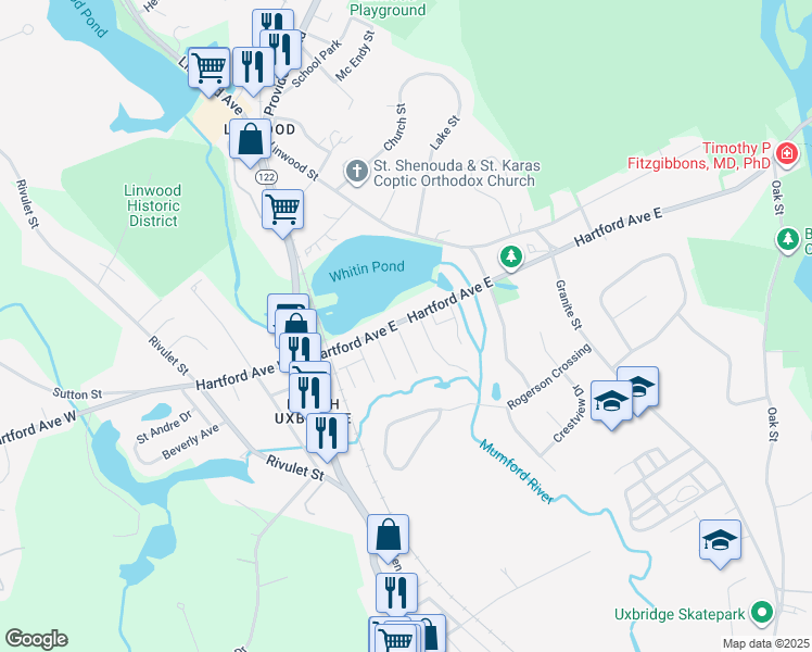map of restaurants, bars, coffee shops, grocery stores, and more near 12 Boston Street in Uxbridge
