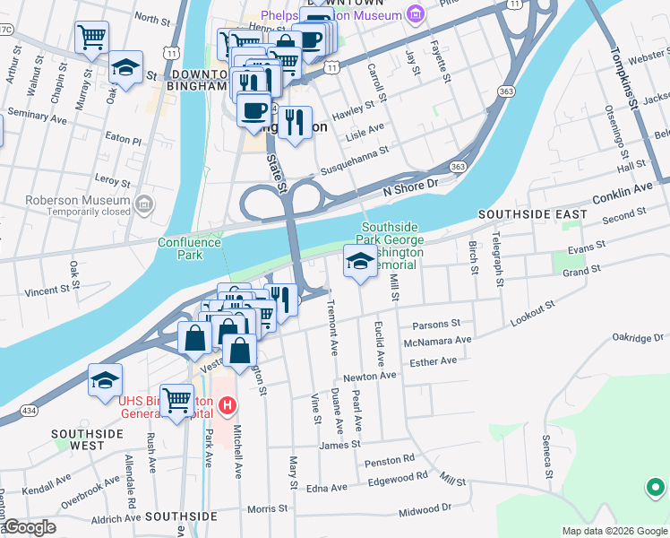 map of restaurants, bars, coffee shops, grocery stores, and more near 11 Tremont Avenue in Binghamton