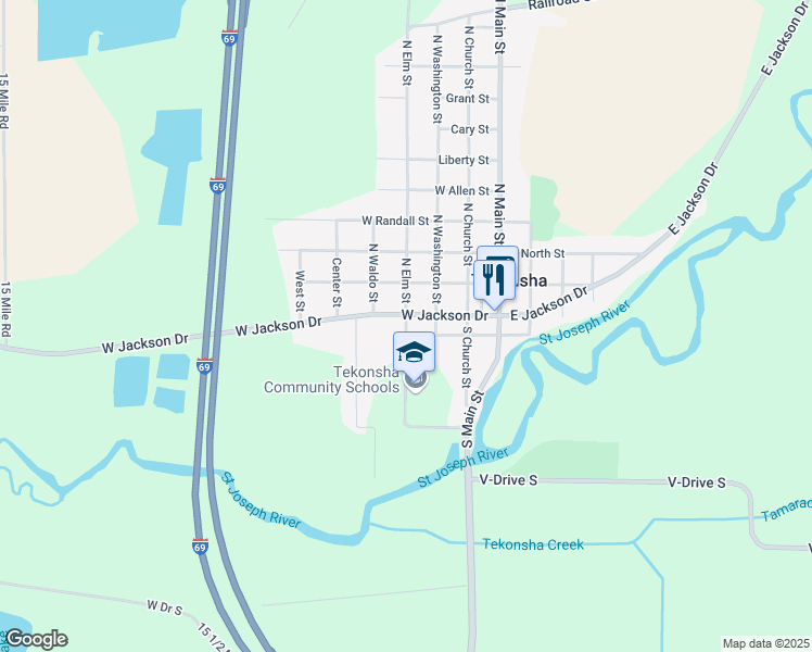 map of restaurants, bars, coffee shops, grocery stores, and more near 245 South Elm Street in Tekonsha