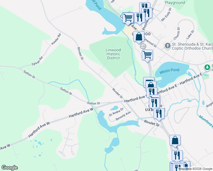 map of restaurants, bars, coffee shops, grocery stores, and more near 148 Rivulet Street in Uxbridge