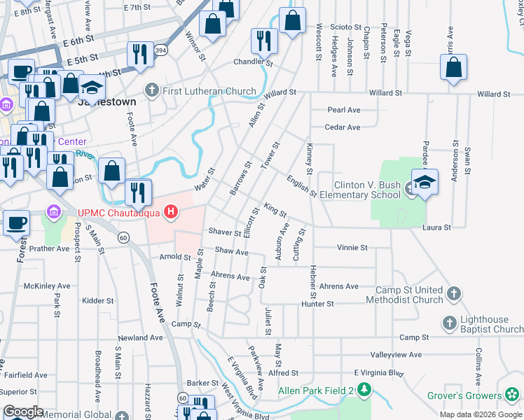 map of restaurants, bars, coffee shops, grocery stores, and more near 22 Auburn Avenue in Jamestown