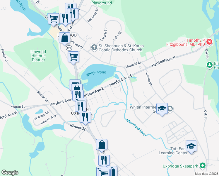 map of restaurants, bars, coffee shops, grocery stores, and more near 65 Hartford Avenue East in Uxbridge