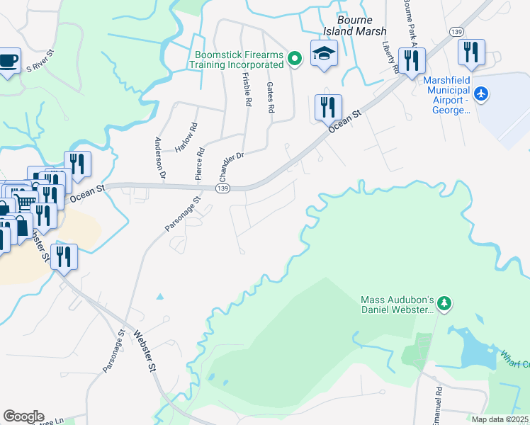 map of restaurants, bars, coffee shops, grocery stores, and more near 94 Woodlawn Circle in Marshfield
