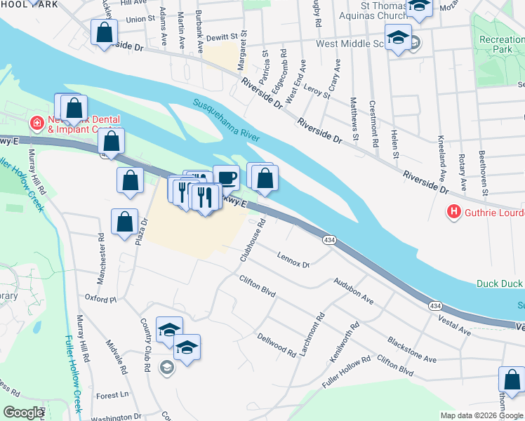 map of restaurants, bars, coffee shops, grocery stores, and more near 1413 Vestal Parkway East in Vestal