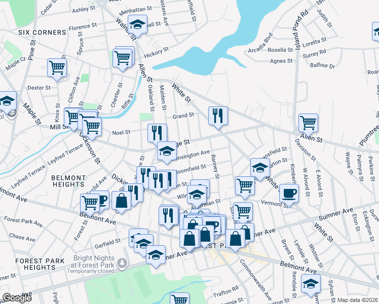 map of restaurants, bars, coffee shops, grocery stores, and more near 90 Kensington Avenue in Springfield