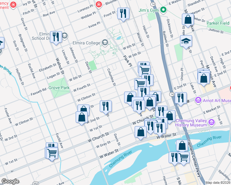 map of restaurants, bars, coffee shops, grocery stores, and more near 421 Columbia Street in Elmira