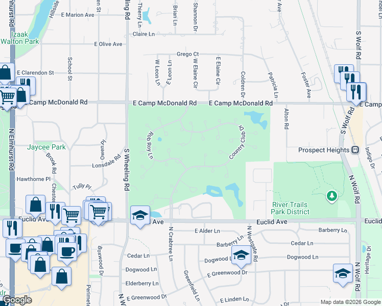 map of restaurants, bars, coffee shops, grocery stores, and more near 241 Rob Roy Lane in Prospect Heights