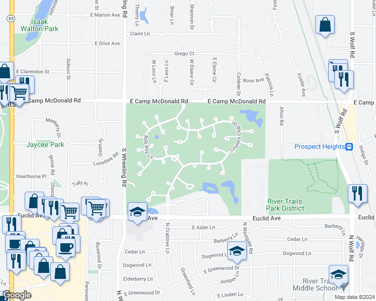map of restaurants, bars, coffee shops, grocery stores, and more near 241 Rob Roy Lane in Prospect Heights