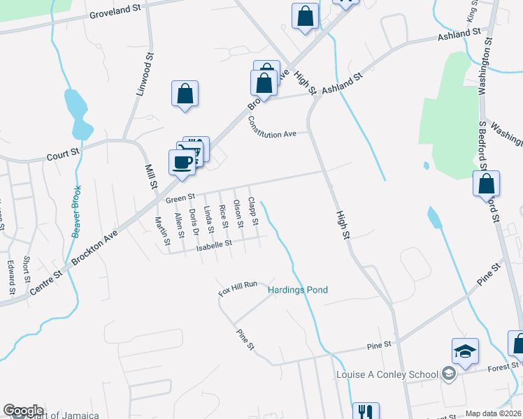 map of restaurants, bars, coffee shops, grocery stores, and more near 70 Clapp Street in Abington