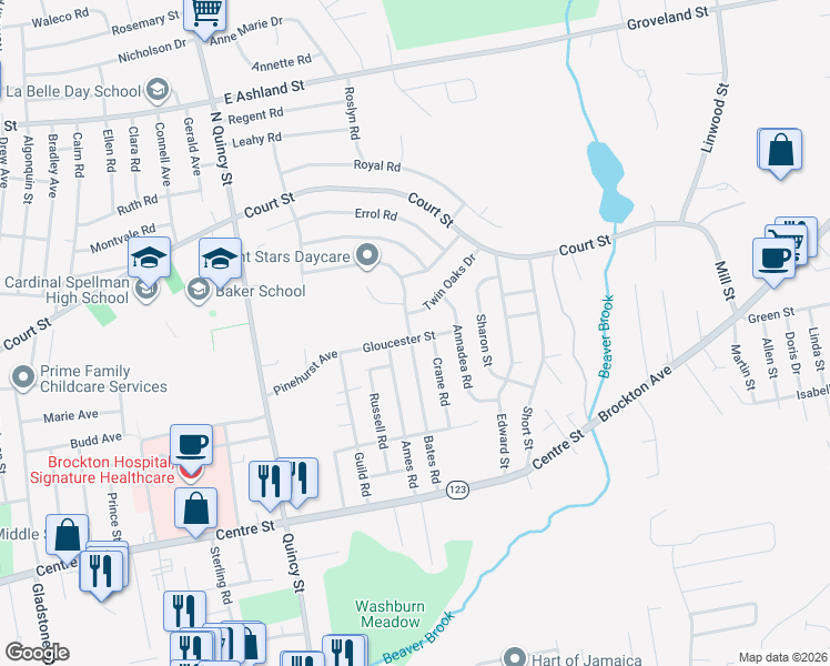 map of restaurants, bars, coffee shops, grocery stores, and more near 118 Bates Road in Brockton