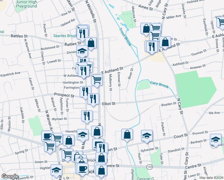 map of restaurants, bars, coffee shops, grocery stores, and more near 26 Mulberry Street in Brockton