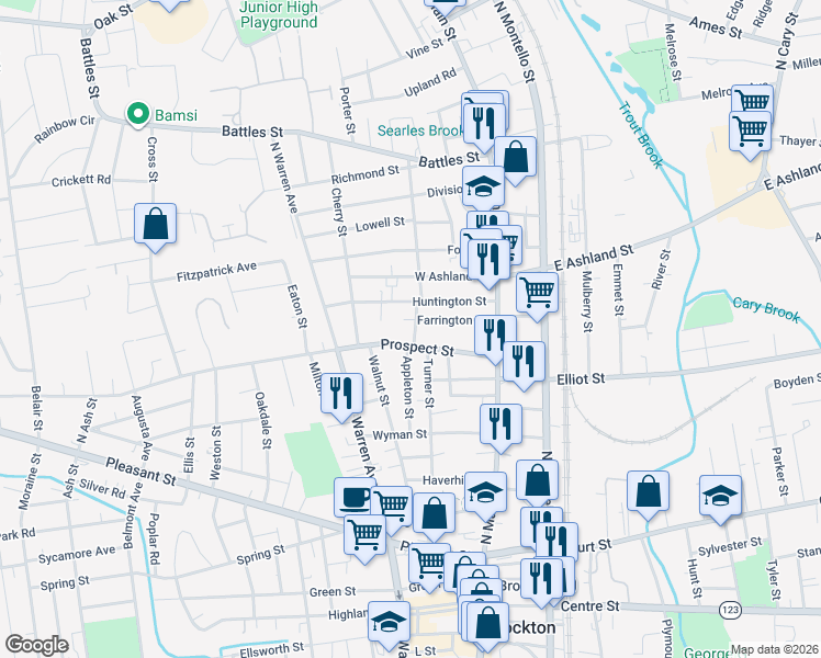 map of restaurants, bars, coffee shops, grocery stores, and more near 54 Prospect Street in Brockton